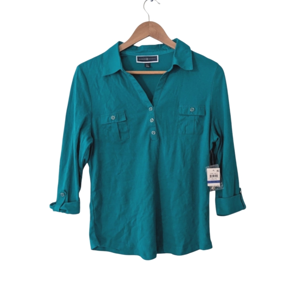 NWT! Karen Scott Teal Knit Polo Top - Picture 2 of 7